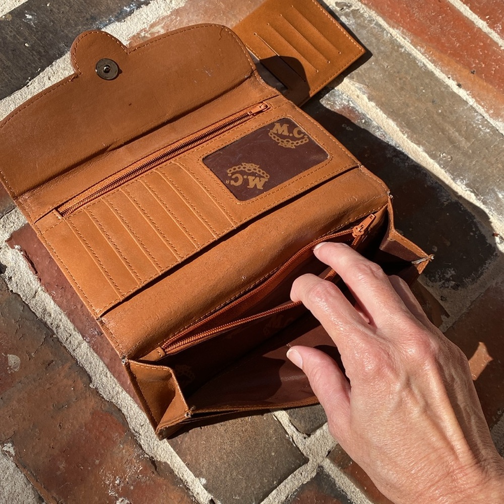 M.C. Floral Tooled Leather Wallet with Turquoise rhinestones & beads - Picture 7 of 16